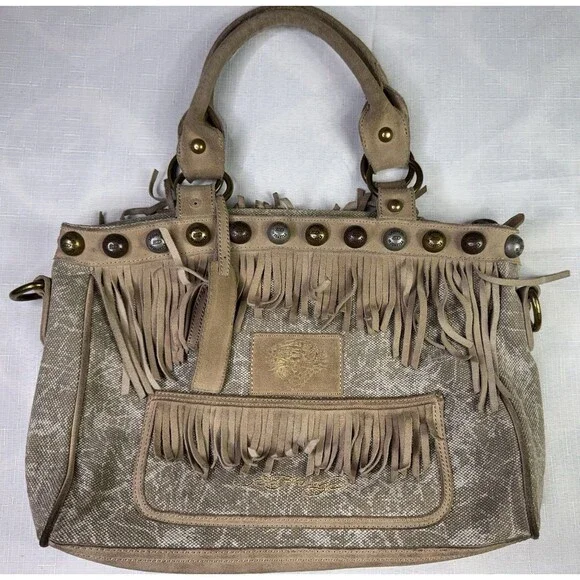 Ed Hardy Fringe Studded Purse Suede Leather Canvas Embroidered Boho Western - Picture 3 of 16
